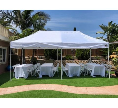 10x20 Canopy, 4 6ft tables, 24 Resin Chairs, and 4 linen