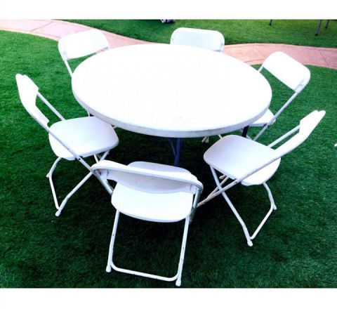 White Round Party Table with 6 Chairs Package Rental in San Diego