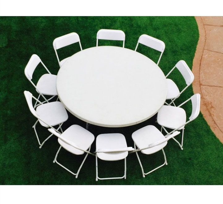 White Round Party Table With 10 Chairs, 10 Round Table